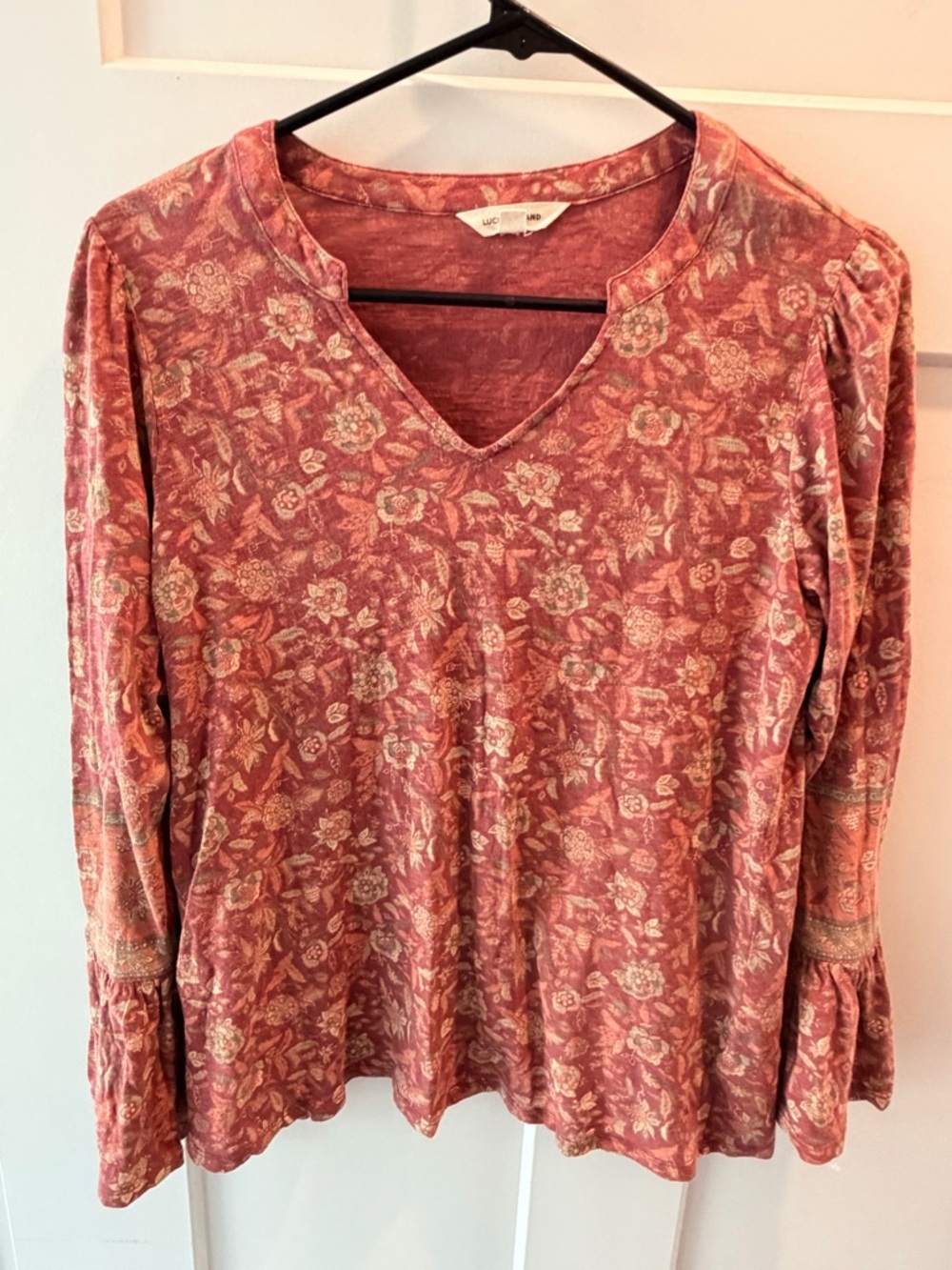 Lucky Brand Boho Floral Top Small Bell Sleeve Peasant Blouse Rust Red Women